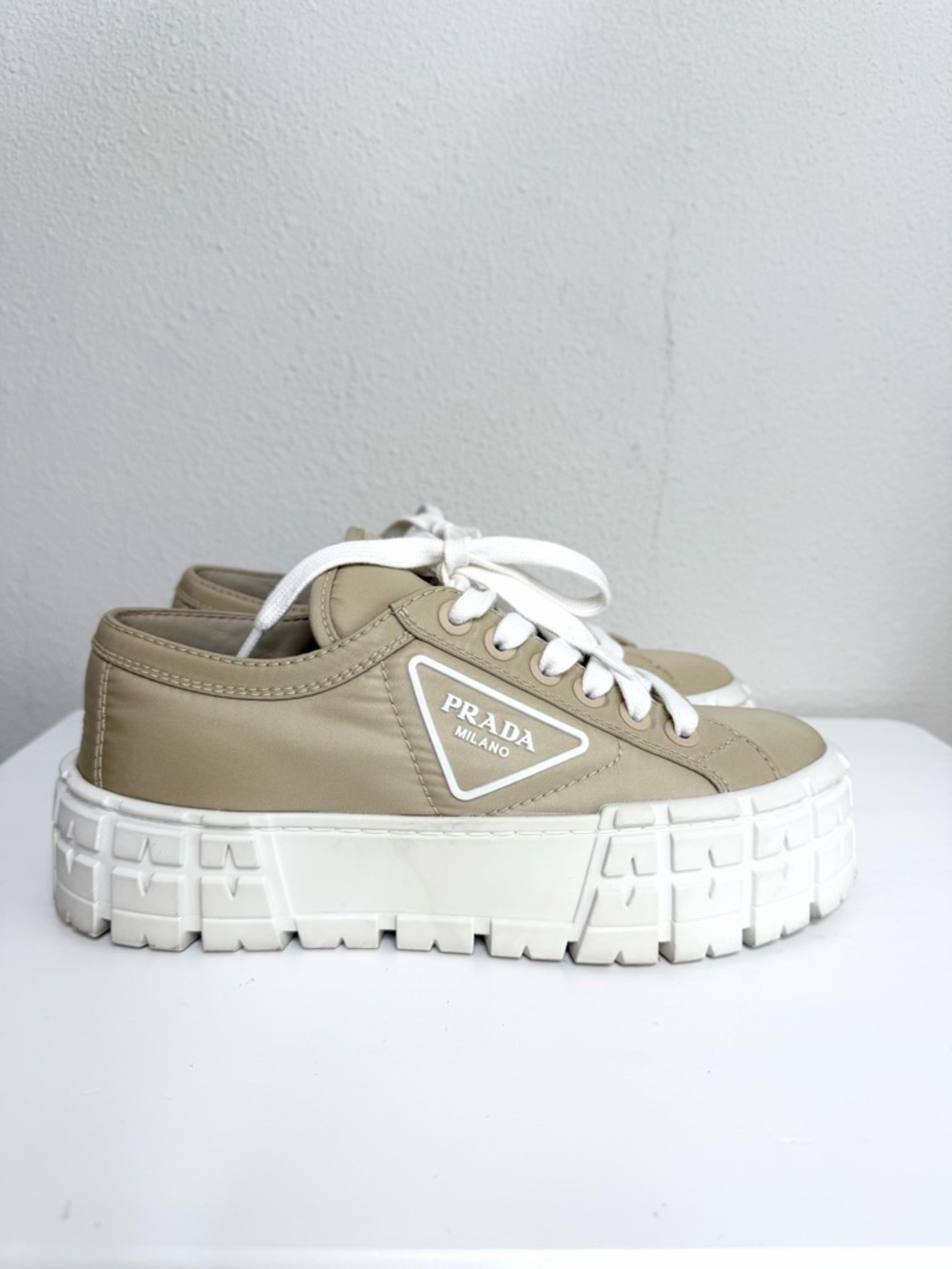 Prada Double Wheel Nylon Sneakers Gabardine Sneakers In Desert Beige Size 37.5 - Picture 4 of 12